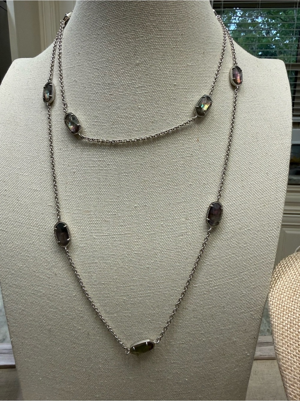 Kendra Scott Kellie Long Necklace Silver Tone Black Mother of pearl
